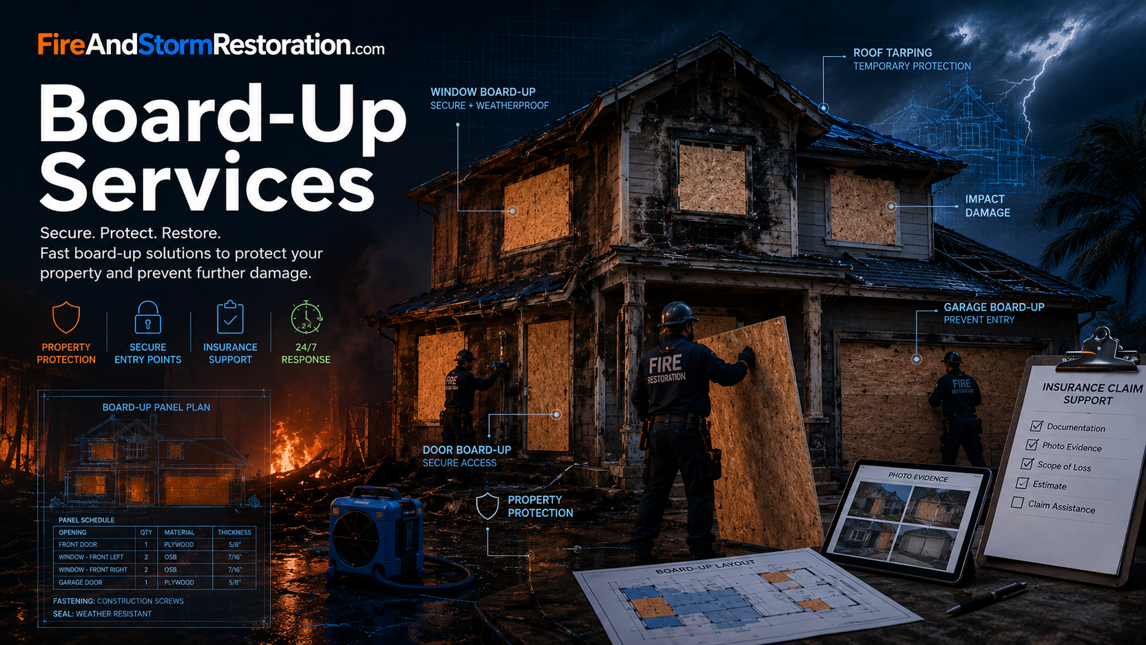 Board-up services hero art showing boarded windows and doors, property protection, and insurance claim support.