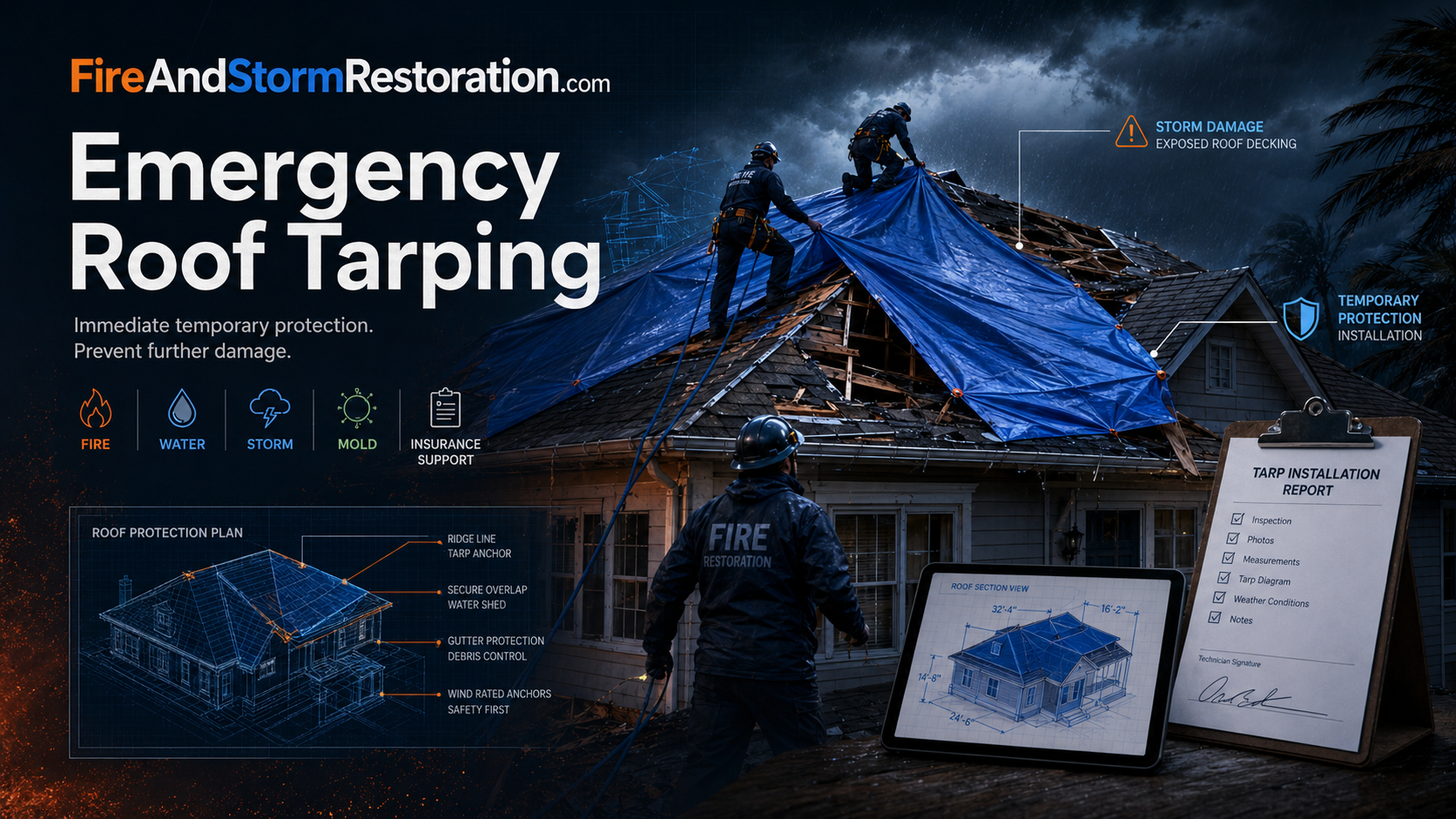 Emergency roof tarping hero art showing temporary protection installed over storm-damaged roofing.