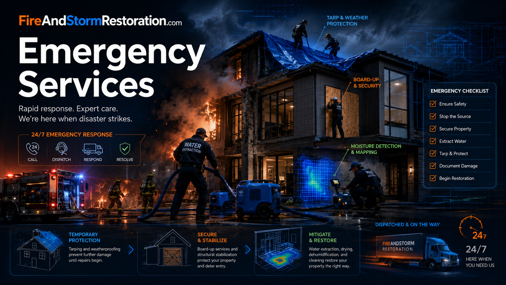 Emergency services hero art showing active response, temporary protection, moisture detection, and response workflow.