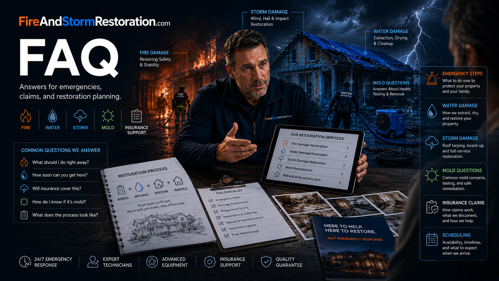 FAQ hero art showing common restoration questions, service categories, and restoration process guidance.