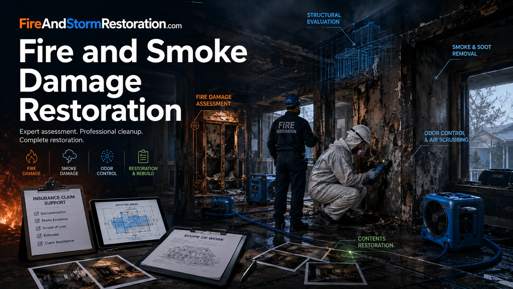 Fire and smoke damage restoration hero art showing soot cleanup, odor control, and insurance claim support.