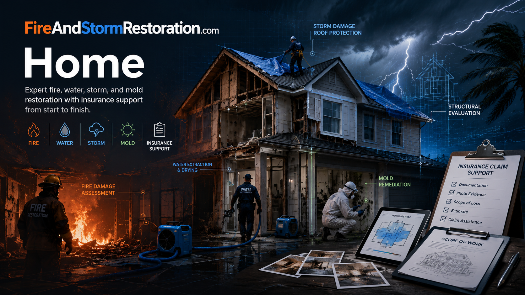 Home page hero art showing fire, water, storm, mold, and insurance support around a damaged home.