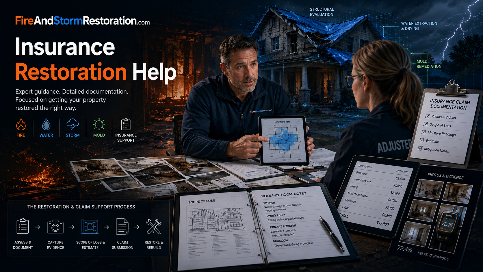 Insurance restoration help hero art showing restoration documentation, moisture maps, scope notes, and adjuster coordination.