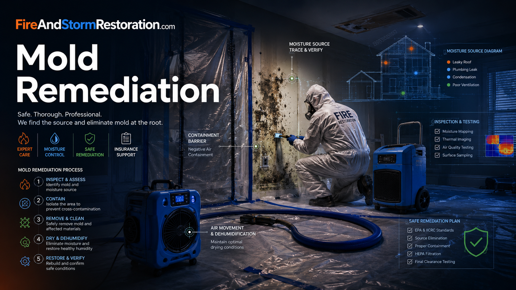 Mold remediation hero art showing containment, inspection, moisture-source tracing, and safe remediation planning.