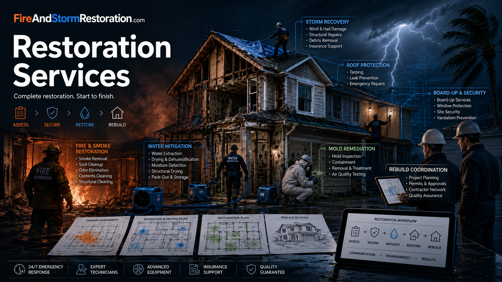 Restoration services hero art showing fire, water, storm, mold, roof protection, board-up, and rebuild coordination.