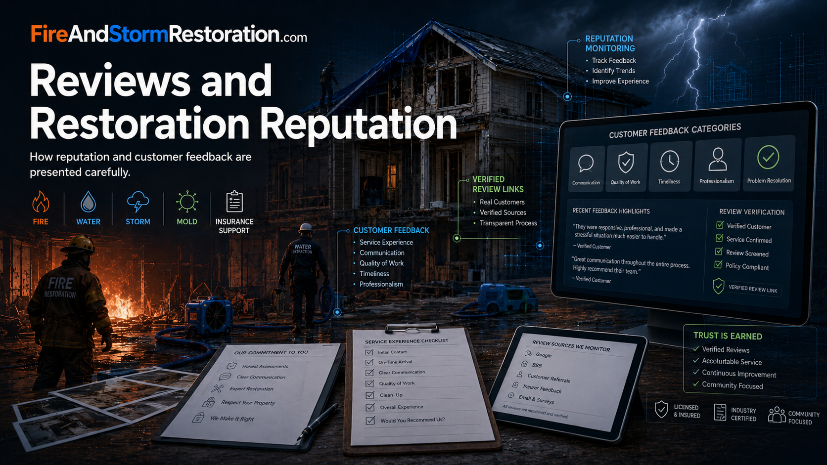 Reviews and restoration reputation hero art showing customer feedback themes and service reputation monitoring.