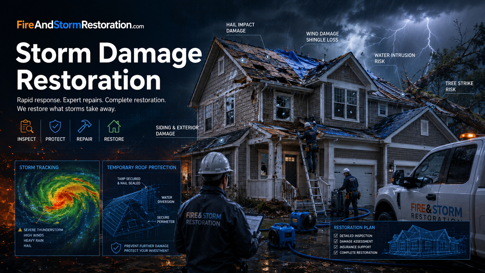 Storm damage restoration hero art showing wind and hail damage, temporary protection, and restoration planning.