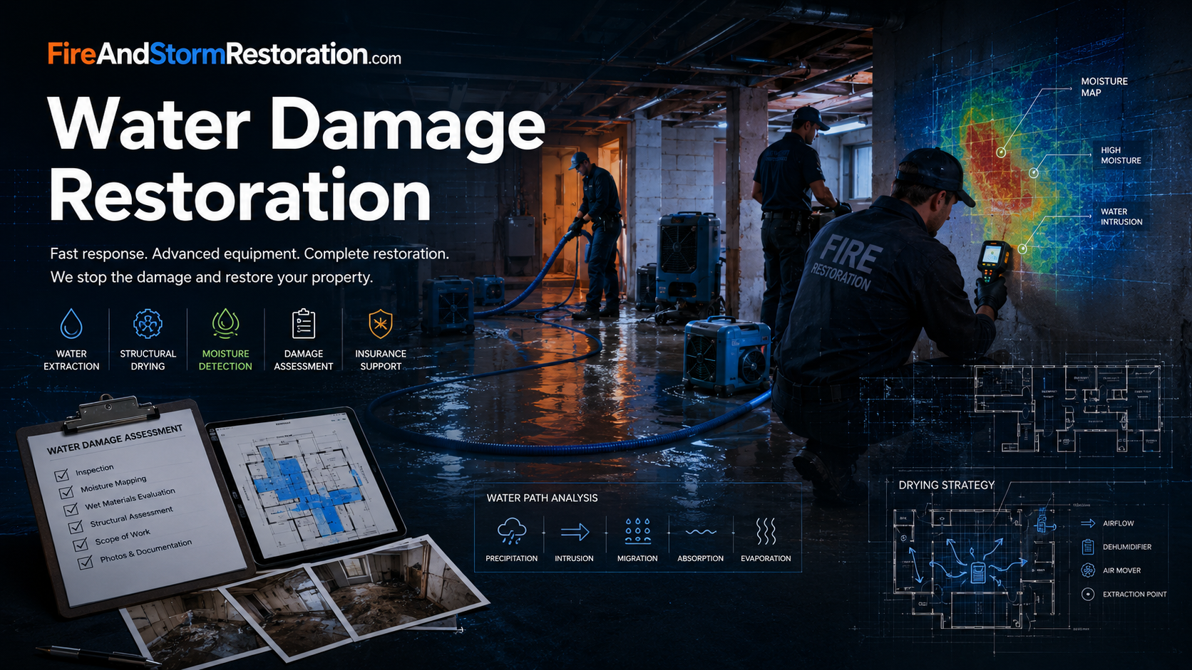 Water damage restoration hero art showing extraction, drying equipment, moisture mapping, and documentation.